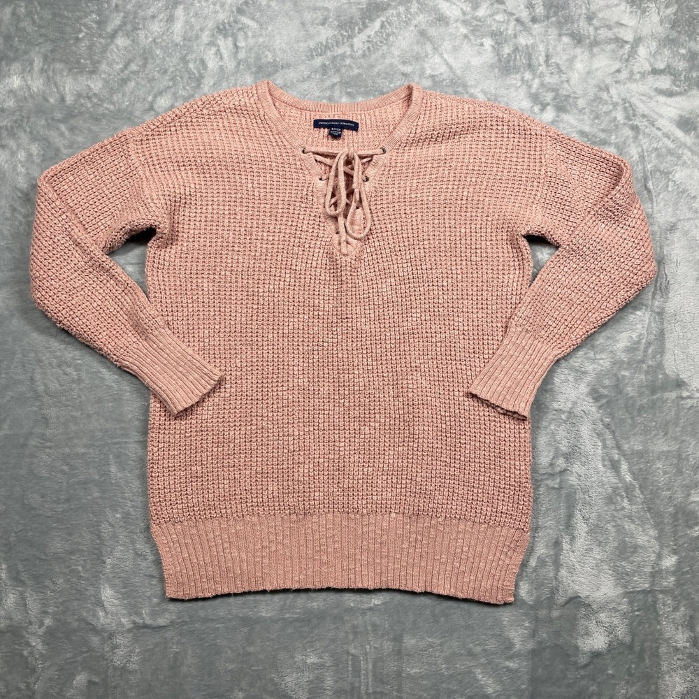 American Eagle Sweater Womens Pink Lace Up V-Neck Waffle Knit Pullover S